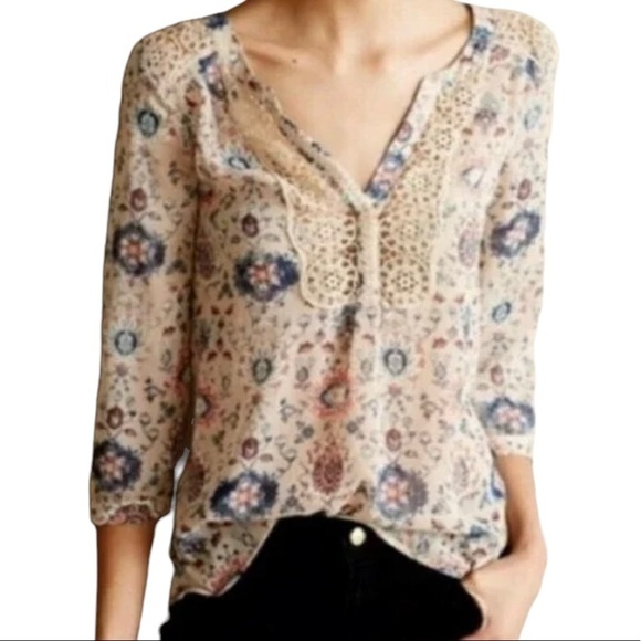 MAEVE Anthropologie Viola V Neck Chiffon Damask Paisley Print Boho Blouse - Picture 3 of 10